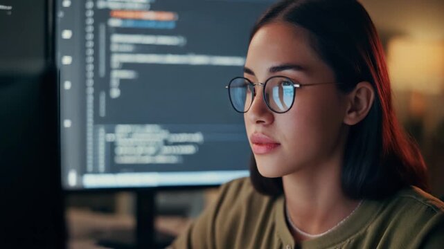 Making progress on her code. Cropped shot of a young computer programmer looking through dat.