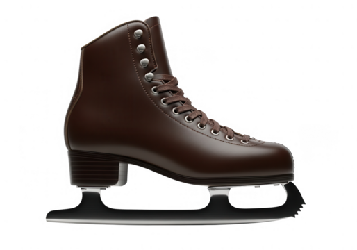 A single brown leather figure ice skate with a sharp blade.