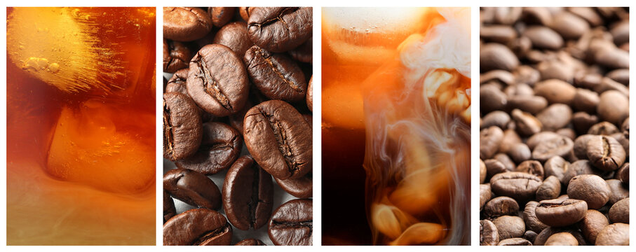 Coffee drinks and aromatic roasted beans, collage