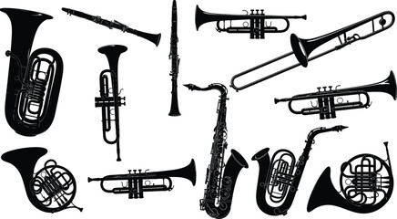 Brass and woodwind instrument silhouettes, orchestra band sketch, musical shape comparison set, educational vector layout, cad drawing flat vector illustration © MdMohibul