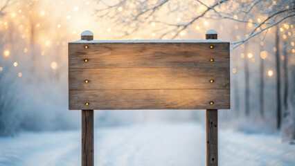 Christmas wood sign board glowing warmly in snowy winter forest with festive lights and frosty trees in background