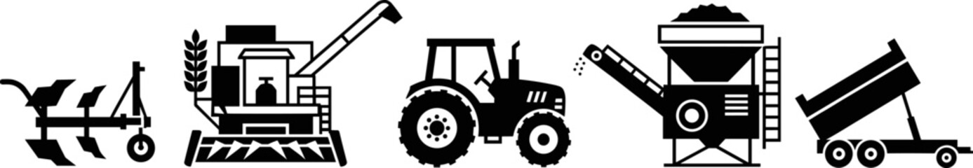 Black agricultural machinery vector illustration showing plow, combine harvester, tractor, grain conveyor, and dump trailer icons for modern farming, equipment industry, and agritech design