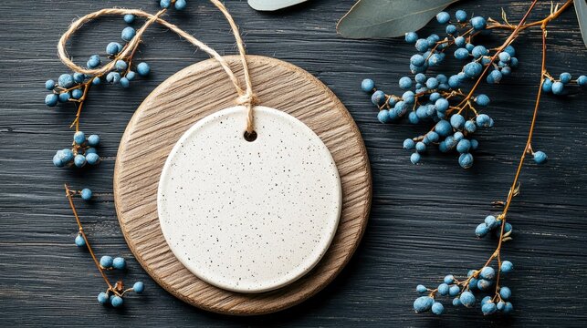 Overhead shot of two wooden cutting boards with a white ceramic plate and blue berries on a dark wood background. The composition is arranged in a visually appe