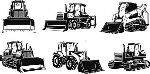 Black and white vector set of heavy construction equipment, including various types of bulldozers, wheel loaders, and skid steers  industrial machinery for earthmoving and site work. © Goutom