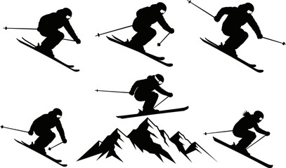 Obraz premium Black and white vector silhouette collection of skiers in dynamic downhill poses, alongside a detailed mountain peak design, perfect for winter sports and extreme recreation.