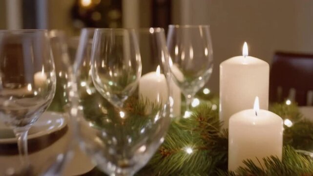 Elegant dinner party setup with sparkling wine glasses and glowing candles, creating a warm festive atmosphere filled with holiday charm