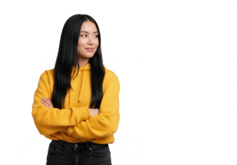 Young Asian woman with arms crossed looking to the side.