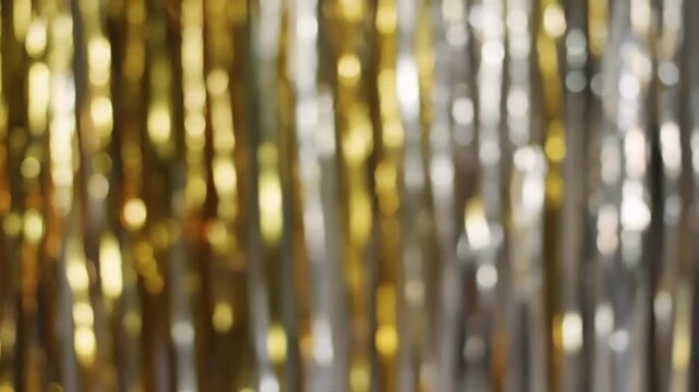 Golden shimmering tinsel curtain backdrop with flowing motion, sparkling bokeh lights dancing across a festive scene, creating a magical elegant atmosphere