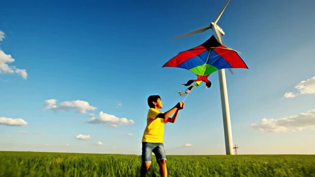 Child flying colorful kite in green field with wind turbine under blue sky