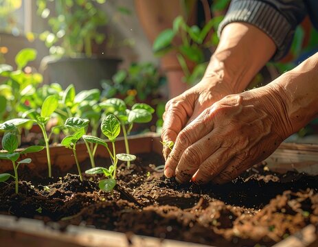 huerto casero con varios alm&aacute;cigos en crecimiento, ambiente c&aacute;lido, hojas verdes, frescas, unas manos que toman una planta con mucho cuidado