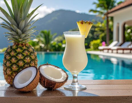 una pi&ntilde;a colada en una hermosa copa, el vidrio del vaso tiene peque&ntilde;as gotas de agua, imagen refrescante, al lado un coco partido en dos mitades junto a una pi&ntilde;a, entorno una piscina en un gran jard&iacute;n