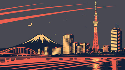 Tokyo skyline vector depicts vibrant nighttime cityscape. Ideal for travel guides, posters, and design projects needing a dynamic urban scene.
