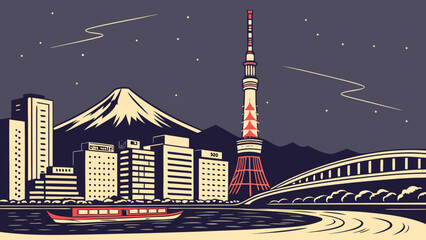 Tokyo skyline vector is perfect for travel brochures, websites, and advertisements seeking a dramatic night view of tokyo, japan.