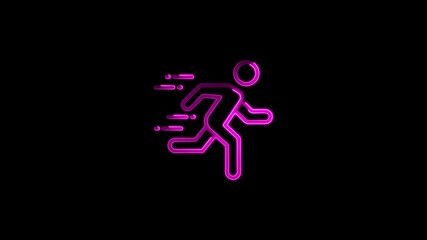 Pink neon glowing running person icon with motion lines on a black background silhouette figure