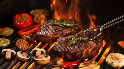 Juicy steaks sizzling on the grill with rosemary, bell peppers, mushrooms and zucchini, ready for summer barbecues and delicious family meals