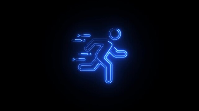 Blue neon glowing running person icon with motion lines on a black background silhouette figure