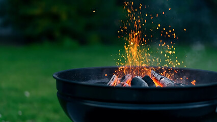 Igniting summer fun with a barbeque grill and dancing sparks in the backyard, perfect for family gatherings and warm evenings outdoors