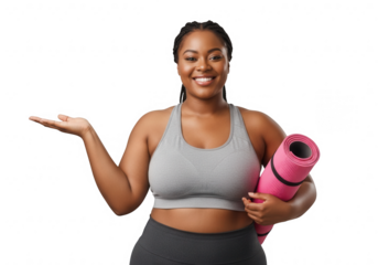 Smiling plus size woman holding yoga mat and gesturing.