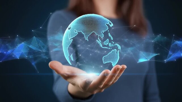 Metaverse Technology concepts. Woman hand holding global network connection. Internet commu.