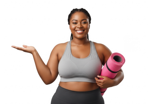 Smiling plus size woman holding yoga mat and gesturing.