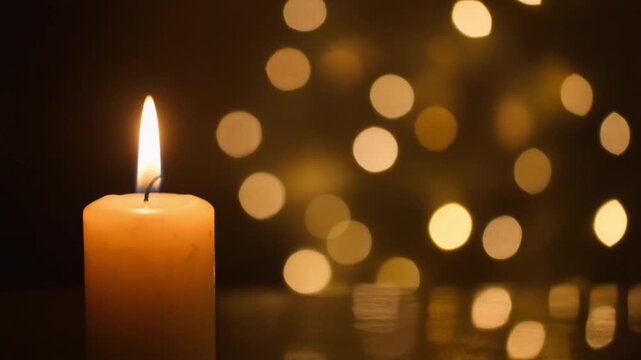 First Advent candle on bokeh light background. Merry Christmas festive card. Noel. Winter 