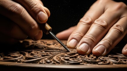 Master woodworker meticulously carves intricate floral designs by hand, showcasing skill and artistry in a captivating, detailed close-up