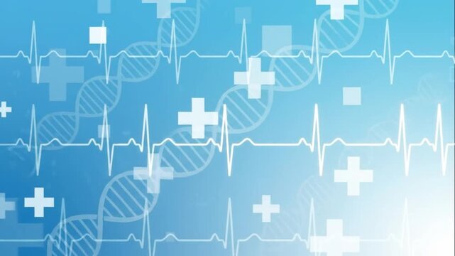 Seamless blue background animation loop featuring a DNA helix structure and medical heartbeat line pattern