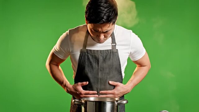 Asian man with stomach ache holding belly near steaming pot isolated on green screen