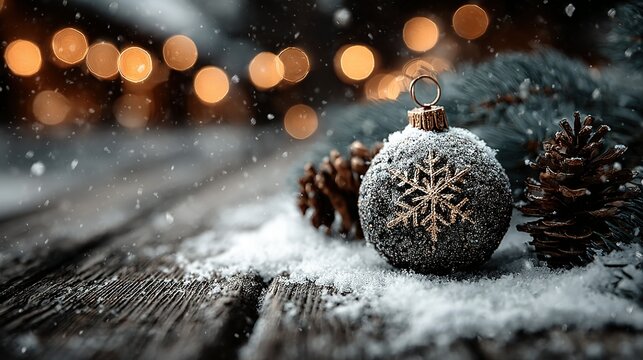 Christmas ornament and pine cones covered in snow on a wooden surface.