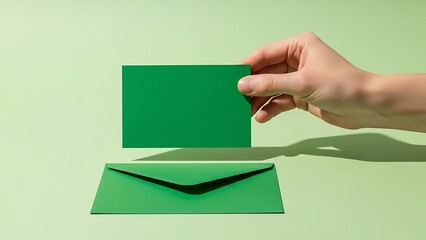 Hand holding a green card over a matching envelope on a green background.