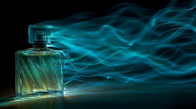 Glowing glass perfume bottle releasing a trail of mystical blue smoke against a dark background
