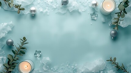 Christmas spa background, front view or top view palette of turquoise, icy blue and white, soft light glow, frosted glass textures, snow crystals on a light teal surface.