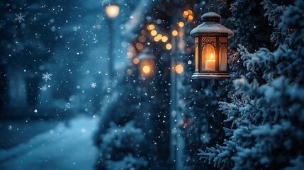 professional photograph of a serene Wintry Happy New Year scene with delicate snowflakes gently falling