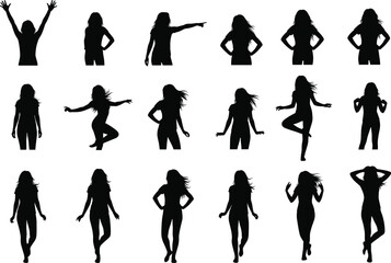 Human silhouette poses collection, expressive body gestures in black vector style, standing, walking, dancing, pointing, isolated on white background