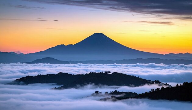 A majestic mountain peak rises above a sea of clouds, illuminated by the warm colors of a sunrise.