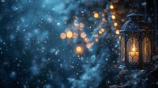 professional photograph of a serene Wintry Happy New Year scene with delicate snowflakes gently falling