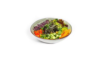 Healthy Salmon and Quinoa Poke Bowl with Mixed Greens and Seaweed