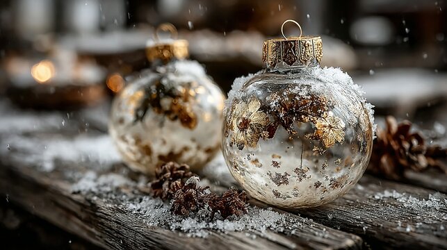 Two christmas ornaments with snow on a wooden surface festive winter scene.