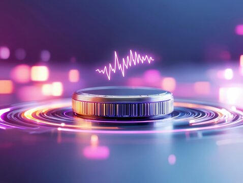 A futuristic knob with a glowing sound wave display and abstract glowing lights, representing sound and technology.