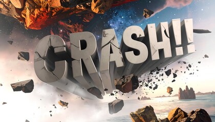 3D "CRASH!!" text disintegrates in a dynamic scene with space and oceanic elements