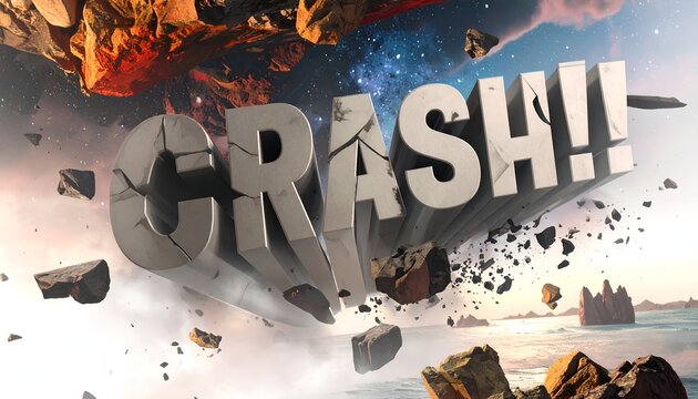 3D "CRASH!!" text disintegrates in a dynamic scene with space and oceanic elements