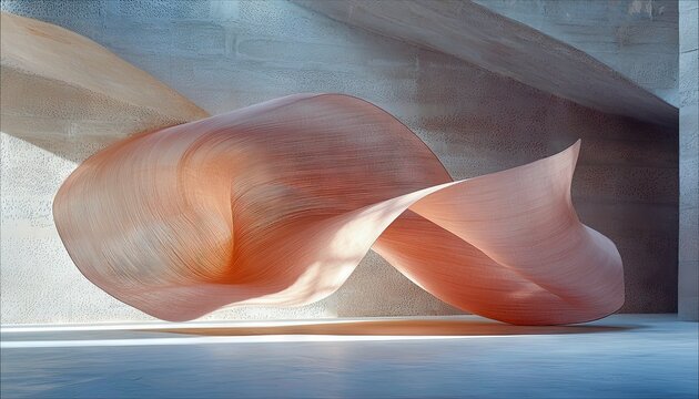 An abstract, swirling form floats in a concrete space, illuminated by dramatic lighting.