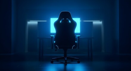 A gamer's battle station at night, featuring an empty chair facing a glowing monitor that casts a vibrant blue light across the dark, moody room, evoking a chill and focused energy