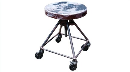 Fototapeta premium Industrial style rolling stool features a distressed metal seat and metal frame with casters