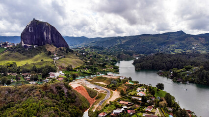 Guatape, Antioquia - Colombia. November 23, 2025. Panoramic drone view of the Peñol rock and the reservoir.