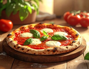 Delicious pizza with fresh basil and mozzarella on wooden board