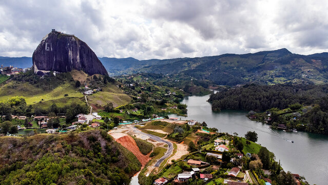 Guatape, Antioquia - Colombia. November 23, 2025. Panoramic drone view of the Peñol rock and the reservoir.