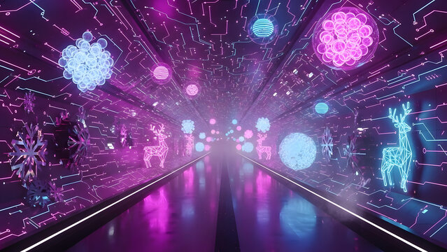 Futuristic neon tunnel illuminated by holographic deers, snowflakes and abstract orbs