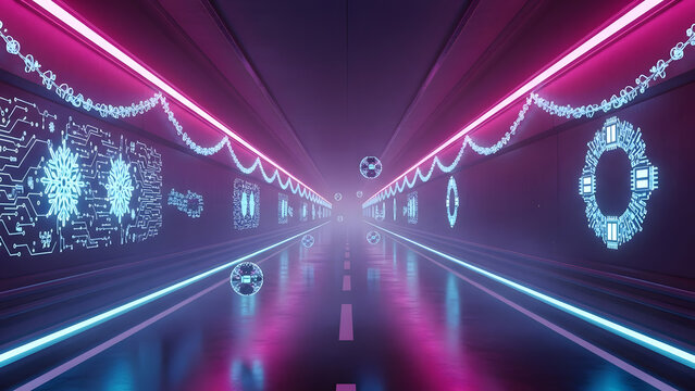 Vibrant neon-lit digital highway stretching into the distance, adorned with intricate glowing circuit board patterns and abstract tech symbols, visualizing the concept of interconnected data flow - Powered by Adobe
