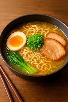 Steaming Bowl of Ramen Noodles with Chashu Pork and Egg

